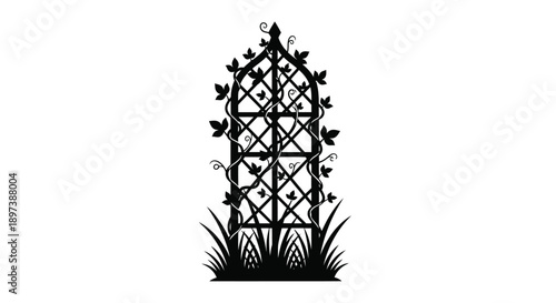 Black silhouette of an ornate garden trellis with climbing vines and grass