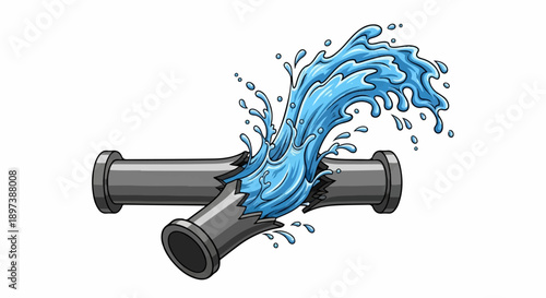Broken gray pipeline with vibrant blue water gushing and splashing out from the rupture