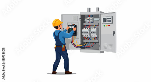 An illustration of an electrician in a hard hat and overalls, working on an open electrical control panel