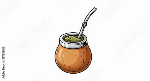 An illustrated gourd cup with green tea leaves and a silver straw, against a plain white background