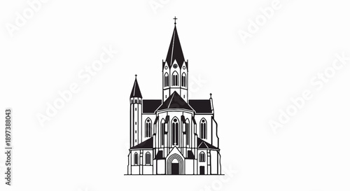 Vector illustration of a majestic church building with tall spires and intricate architectural details
