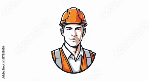 Illustration of a smiling man in an orange hard hat and safety vest, looking forward, white background