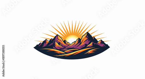 Vibrant pixel art illustration of jagged mountains and rolling hills at sunrise or sunset, with strong sunrays