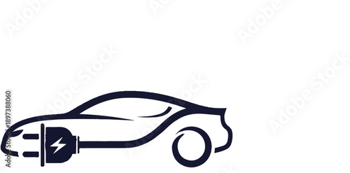 Stylized blue outline of an electric car with a charging plug inserted into its front, symbolizing eco-friendly transport