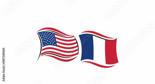 Stylized waving flags of the United States and France side-by-side on a clean white background, symbolizing alliance