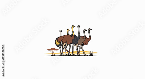 Five cartoon ostriches walk across a savanna landscape with a single acacia tree and sunset hues