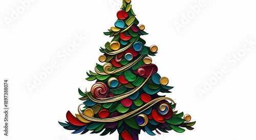 Vibrant, stylized Christmas tree illustration with colorful ornaments and golden swirling garlands on white
