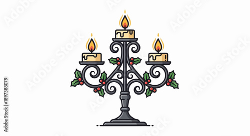 Festive candelabra illustration with three lit candles, adorned with holly leaves and red berries