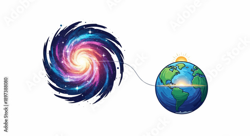 Vibrant spiral galaxy connected by a line to Earth, depicting a sunrise/sunset over its oceans and continents
