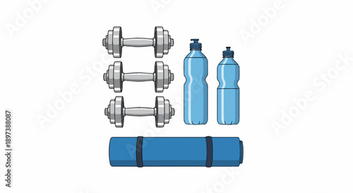 An illustration of three dumbbells, two water bottles, and a rolled-up blue exercise mat on a white background