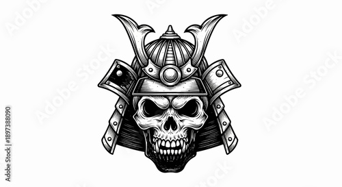 Black and white illustration of a skull wearing an ornate samurai warrior helmet, featuring a menacing expression