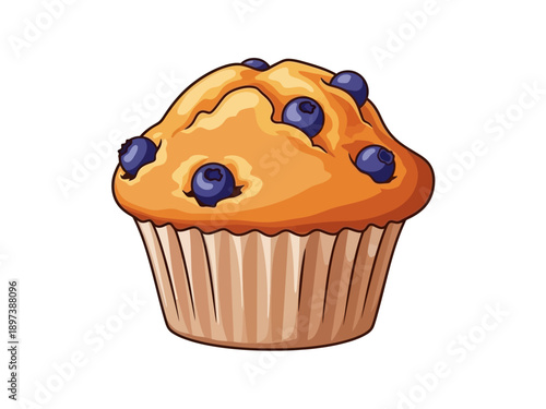 A delicious blueberry muffin with a golden crust is presented in a close-up view on a plain background