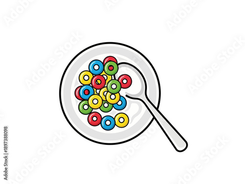 Colorful cereal illustration in a bowl with a spoon from an overhead viewpoint