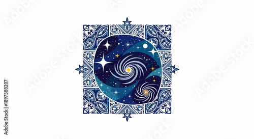 Celestial spiral galaxies and stars encased in a round frame, surrounded by intricate blue decorative tiles