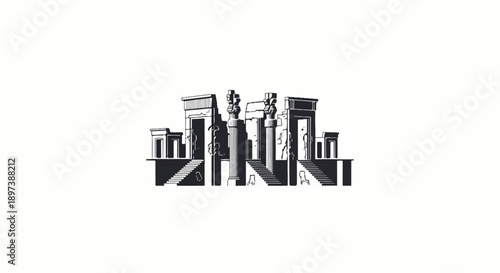 Stylized black and white illustration of ancient stone ruins, featuring towering columns and grand staircases