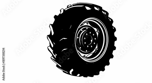 Monochromatic illustration of a heavy-duty vehicle tire with deep treads and a detailed hub, on a white background