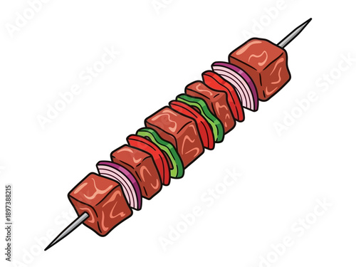 A vibrant illustration of a meat skewer with vegetables, showcasing a dish from a close-up, straight-on viewpoint.