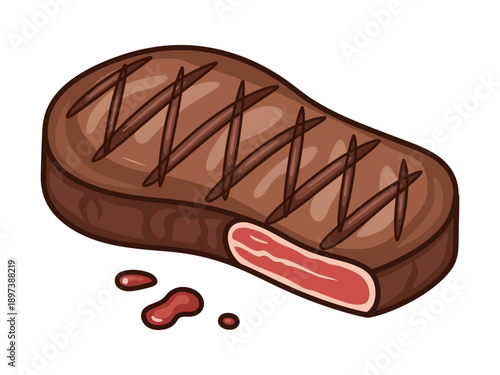 A grilled steak with grill marks and juice on a white background, viewed from the side