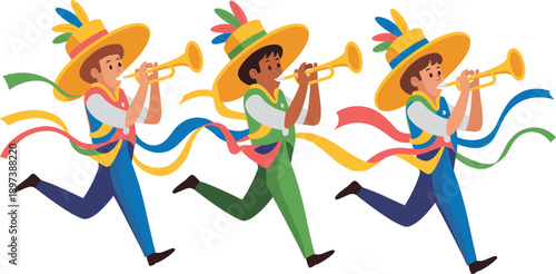 Festive parade illustration, cultural celebration, trumpet players running, colorful costume design, traditional attire sketch, joyful movement art, ribbon hat dancers