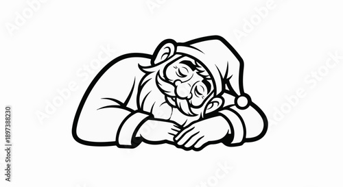 Monochrome cartoon illustration of a bearded character in a nightcap, peacefully sleeping with head on arms