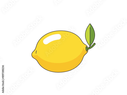 A bright yellow lemon with a single green leaf attached, viewed from the side, in a simple illustration style