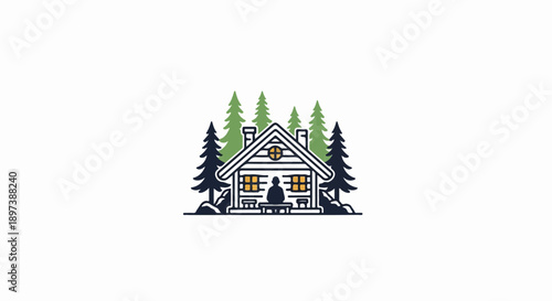 Stylized log cabin with a person on the porch, surrounded by tall pine trees on a white background