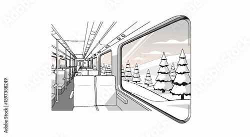 Inside view of a train carriage with empty seats, looking out a window at a snowy forest landscape