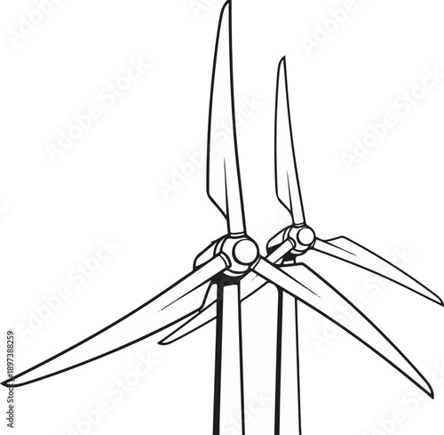 Close-up line art of two wind turbines, showcasing their blades and upper structure against a white background