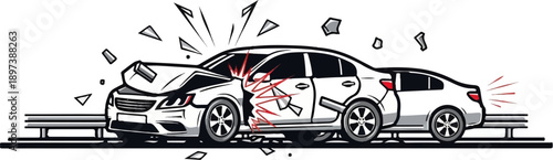Cartoon style illustration of a serious multi-car collision on a road, with shattered glass and debris flying