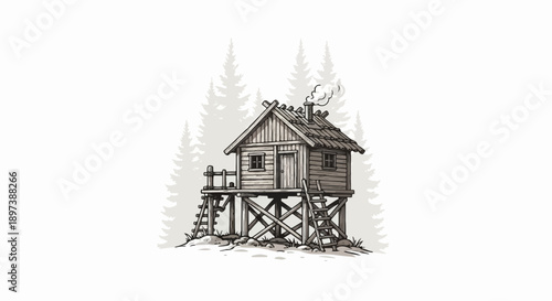 An illustrated rustic wooden cabin on stilts with a smoking chimney, nestled among stylized trees