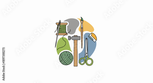 Illustration of crafting tools like a needle, thread, hammer, paintbrush, and scissors on a white background