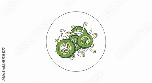 Illustration of green bitter melon slices and bean sprouts arranged in a circle on a plain white background