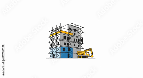 Cartoon depiction of a multi-story building under construction with scaffolding, next to a yellow excavator