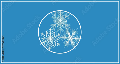 Three white snowflake designs, two classic and one spiky, in a white circle on a blue background with a white border