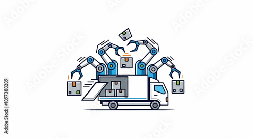 Illustration of robotic arms rapidly loading and unloading packages from a delivery truck for efficient logistics