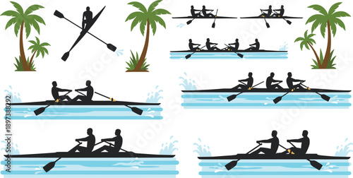 Rowing team silhouettes set featuring sculling athletes on water with tropical palm trees for summer sports and outdoor competition concepts