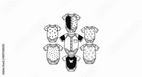Collection of seven black and white line art baby bodysuits with diverse patterns for infants