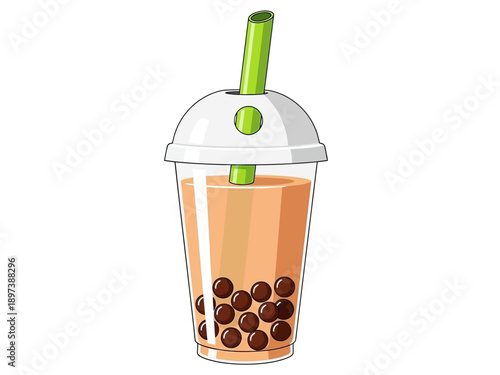A vibrant illustration of a drink with boba, straw, and lid on a transparent background viewed from the side.