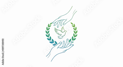 Stylized illustration of hands embracing a dove within a laurel wreath, rendered with a green and blue gradient