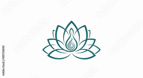 Teal outline of a lotus flower with a stylized flame and spiral design at its center on a white background