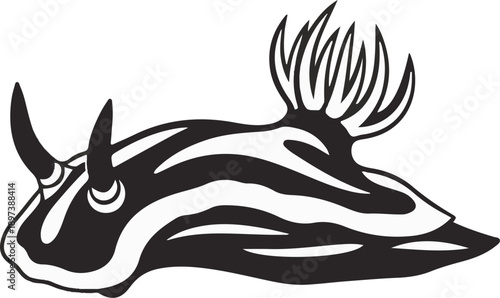 Black and white illustration of a nudibranch sea slug with prominent rhinophores and gill plumes