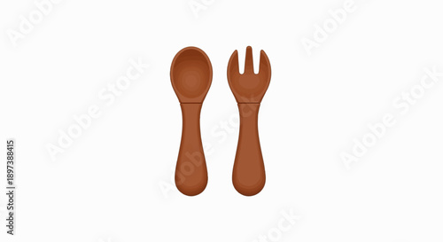 Pair of brown, short-handled, ergonomic baby spoon and fork for toddlers on white background