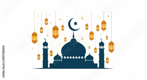 Festive illustration of a mosque silhouette adorned with many hanging lanterns, crescents, and stars