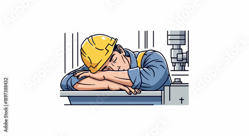 An exhausted construction worker wearing a yellow hard hat is sleeping with his head resting on his arms