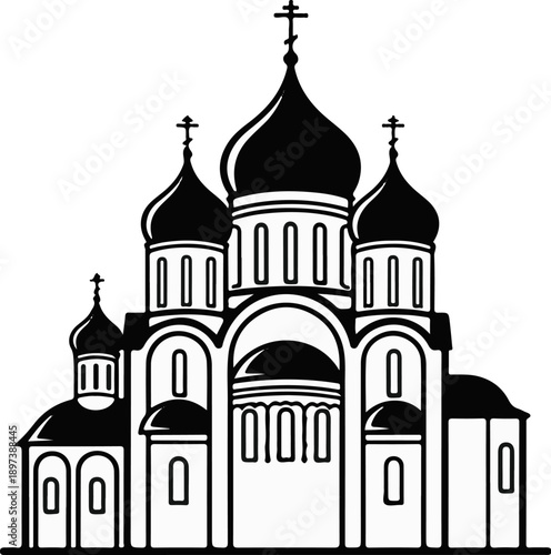 Wallpaper Mural Detailed black and white illustration of an Orthodox church with multiple onion domes and crosses Torontodigital.ca