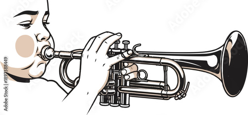 Black and tan vector illustration of a person playing a trumpet, showing face and hands on valves
