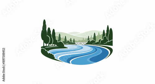 Stylized landscape flowing river, tall trees, rolling hills, and a distant bridge under a clear sky