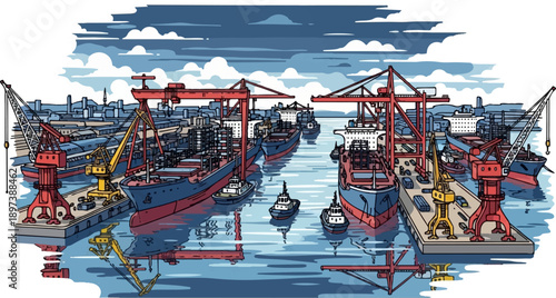Busy port illustration with large cargo ships, cranes loading, and tugboats in the water under a cloudy sky