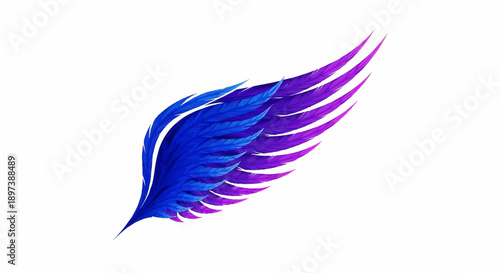 Vibrant blue and purple stylized wing illustration with feathered details on a clean white background