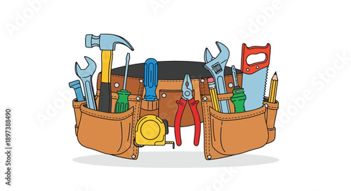 Cartoon illustration of a tool belt filled with various hand tools